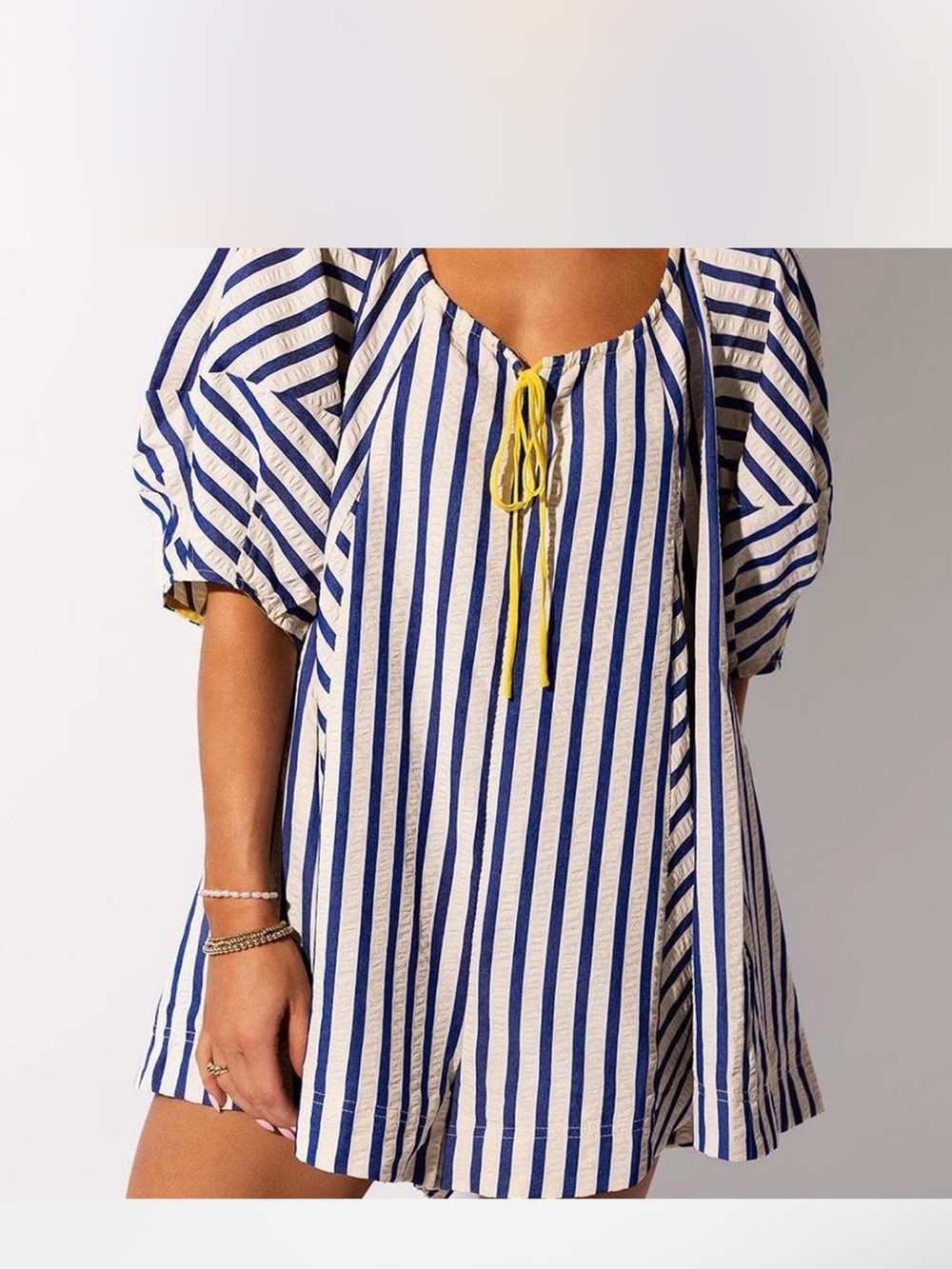 Striped Blue & White Jumpsuit Romper with Yellow Tie
